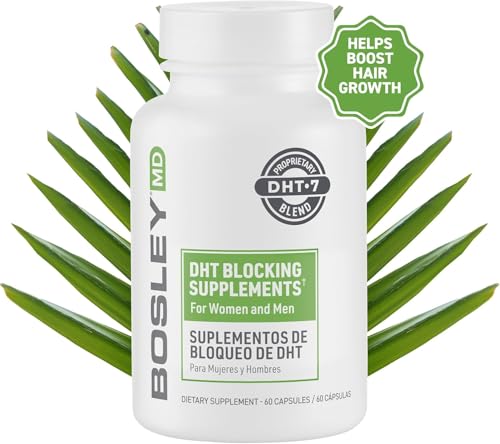 BosleyMD Men & Women DHT Blocking Hair Supplement, Thicker Fuller Hair with DHT·7 Blend, Saw Palmetto, Reishi Mushroom, Green Tea Extract, Nettle Leaf, Dandelion Root & Pygeum Bark, 60 Capsules Men's and Women's Dht Blocking Supplement