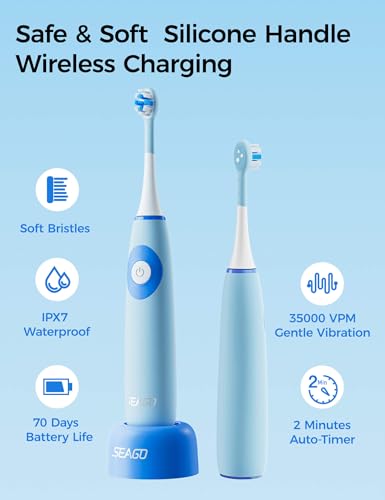 SEAGO Kids Electric Toothbrush, Ages 5-8, 2 Soft Brush Heads, Rechargeable Blue