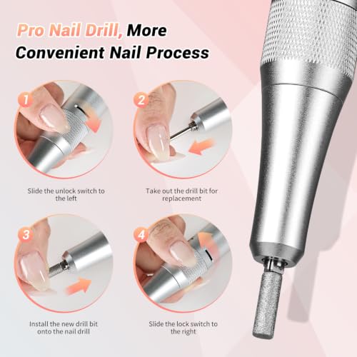 JEWHITENY Rechargeable Cordless Nail Drill for Beginners,Professional Nail Drill 45000RPM,SG717 Electric Nail File for Acrylic Gel Nails,Remove Nail Gel Polish(Pink) Pink & Black