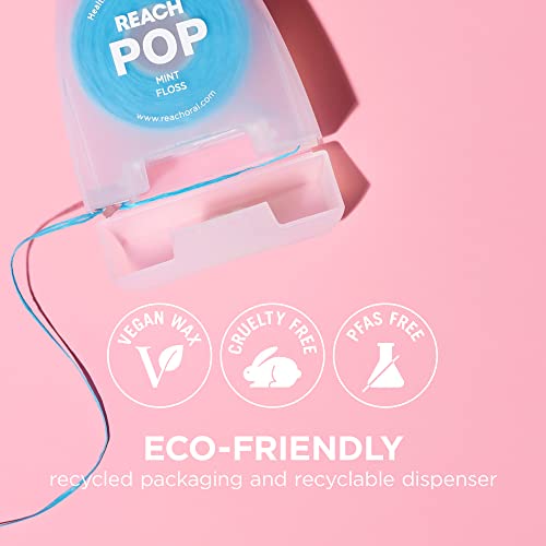 REACH POP Dental Floss, Mint, Plaque Remover for Teeth, Shred Resistant, Vegan Wax, Cruelty Free, Eco Friendly Packaging, Oral Care, PFAS Free, for Adults & Kids, 6 Pack, 54.6 yd 164 Foot (Pack of 6)