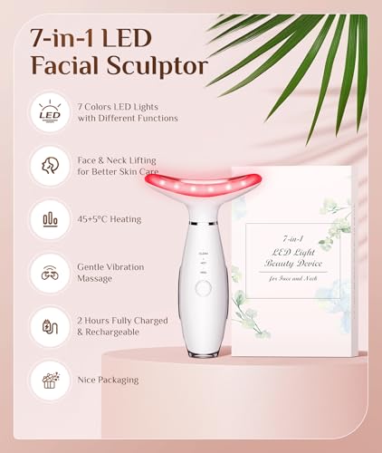 Dopsikn 7 Color Galvanic Machines - Red Light Therapy for Face and Neck, Face Massager Tool for Wrinkles, Double Chin, Vibrating Facial Massager with Thermals, White