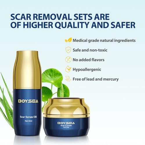 Boysea Scar Cream & Serum Oil, Advanced Scar Removal Set, Reduces Appearance of Keloids, C-Sections, Surgeries, Burns, Acne, 2 x 1.06 Oz Bottles