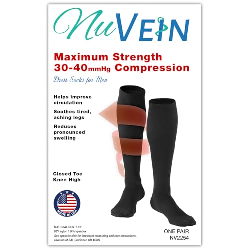 NuVein Men's Compression Socks, 30-40 mmHg Support, Dress Trouser Style, Over Calf Knee High, Black, Large 30 - 40 mmHg