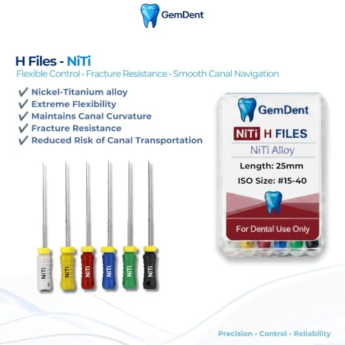 25 mm Assorted #15-40 NiTi H Files Flexible Endo Root Canal Hand Files, 1 Pack of 6 Files 25MM #15-40 Assorted