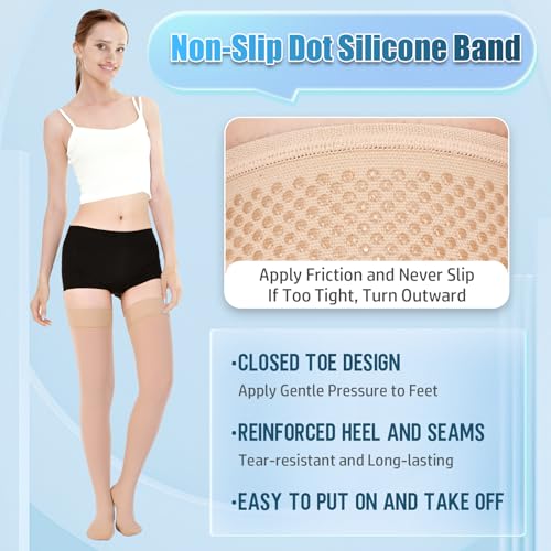 Athbavib 20-30 mmHg Thigh High Compression Stockings for Women Men Large Closed Toe-Beige