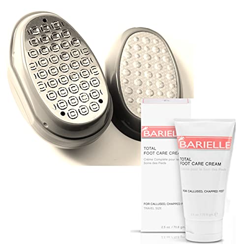 BARIELLE Portable Oval Gold & White Clamshell Foot File/Foot Rasp with 2.5oz Total Care Foot Cream 2-PC Foot Care Set