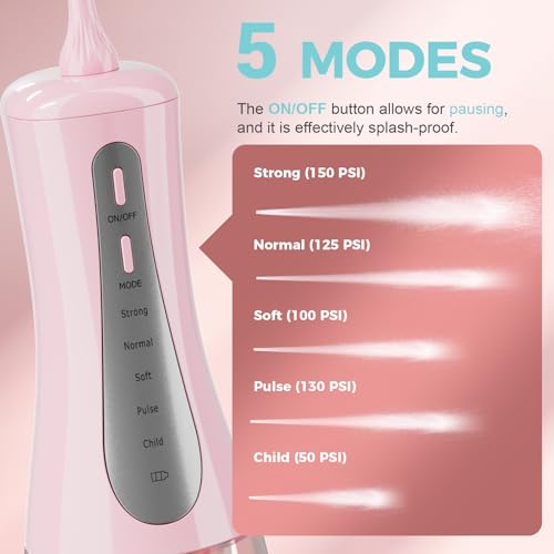 2026 Upgrade 350ML Cordless Water Flosser for Teeth Cleaning & Travel Bag, Dental Flosser Teeth Pick with 5 Modes & 5 Tips, Rechargeable Electric Flosser for Braces, Travel & Home (Pink) Pink