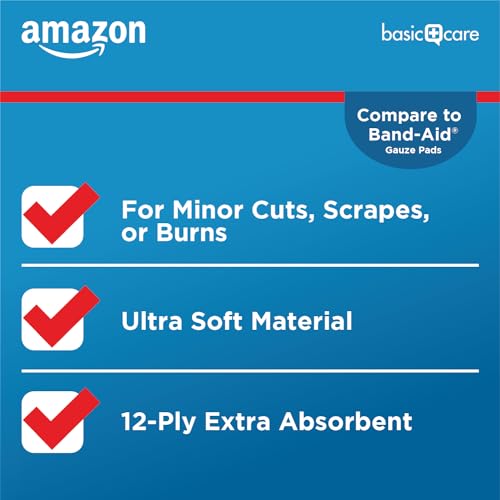 Amazon Basic Care Gauze Pads, 3x3 inches Sterile Medical Wound Dressing Sponges, 12-Ply, Ultra Soft, Extra Absorbent, 50 Count, 1-Pack (Previously All Health) 3x3 Inch (Pack of 1)