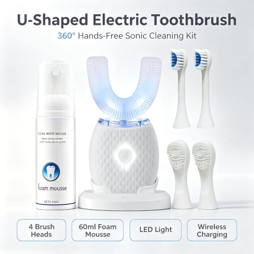 U-Shaped Electric Toothbrush for Adults, 360° Hands-Free Sonic Teeth Cleaner Kit with 4 Brush Heads, 60ml Foam Mousse, LED Light & Wireless Charging Base, Automatic Ultrasonic Toothbrush, White