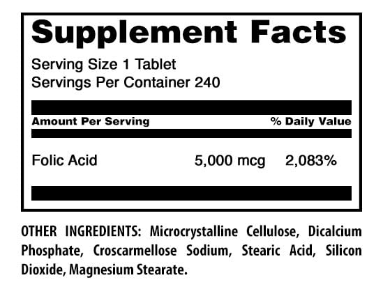 Amazing Formulas Folic Acid 5000 Mcg per Serving | Tablets Supplement | Non-GMO | Gluten-Free | Made in USA (1 Pack | 240 Count) 1 Pack | 240 Count