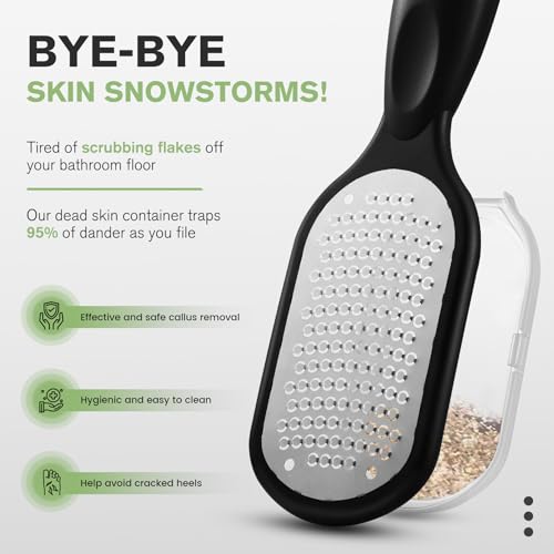 FERYES Foot File Callus Remover with Dead Skin Catcher – The Genius Foot Scrubber for Mess-Free Pedicures, Heel Scraper for Cracked Heel Treatment, Wet & Dry Use Feet Rasp - Black Stainless Steels with Catcher