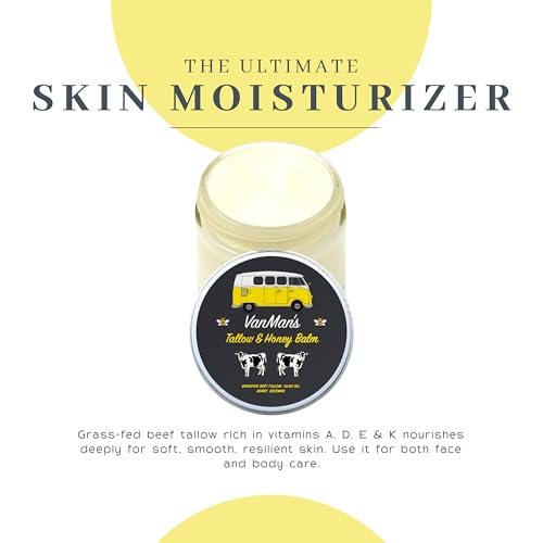 Vanman's Tallow and Honey Balm With No Added Scent - Face Moisturizer with Grass-Fed/Finished Beef Tallow for Skin, Organic Raw Honey and Beeswax, Cold Pressed Olive Oil - 2 oz Classic - Unscented 2 Ounce (Pack of 1)