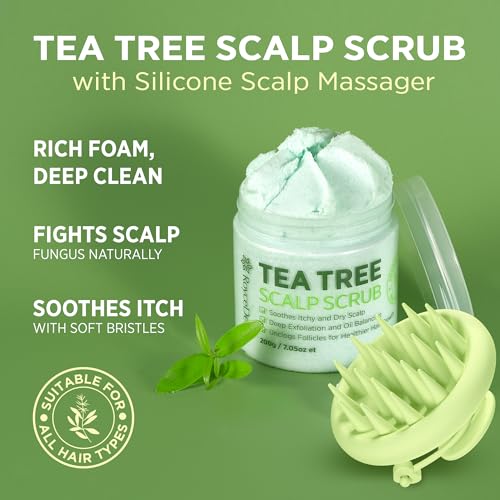 Roycederm Tea Tree Scalp Scrub with Scalp Massager Brush – Deep Cleansing & Exfoliating Pre-Shampoo Treatment for Dry, Flaky Scalp – Gently Refreshes, Hydrates & Balances Scalp
