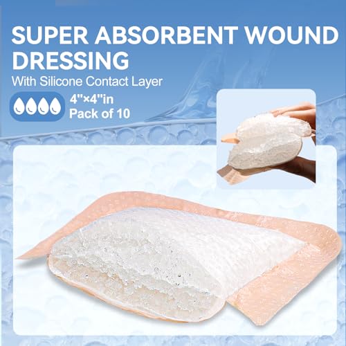 Niceful Silicone Super Absorbent Wound Dressing-4"× 4" Self-Adhesive Bandages for Wound Care, FSA HSA Eligible, Ultra Soft Wound Pads for Bed Sores Leg Ulcers Burns, 10 4"x 4"