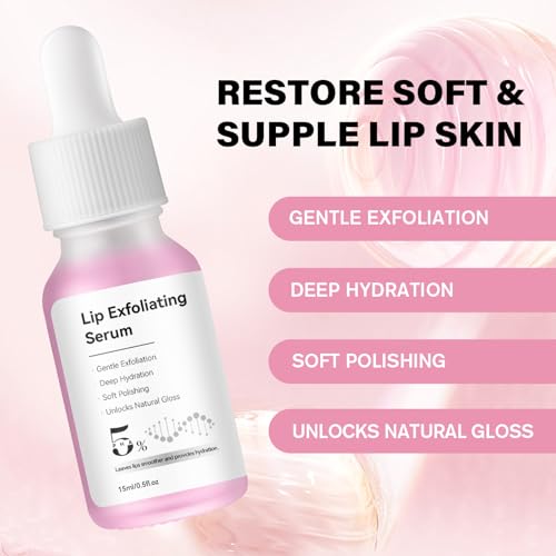 PHA 5% Exfoliating Lip Serum – Overnight Leave-On Treatment for Dry, Cracked Lips, Hydrating Lip Exfoliator & Primer for Smoother, Softer, Plump-Looking Lips (1) 1