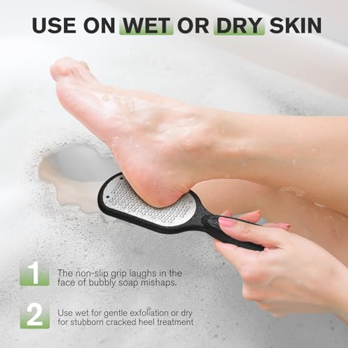 FERYES Foot File Callus Remover with Dead Skin Catcher – The Genius Foot Scrubber for Mess-Free Pedicures, Heel Scraper for Cracked Heel Treatment, Wet & Dry Use Feet Rasp - Black Stainless Steels with Catcher