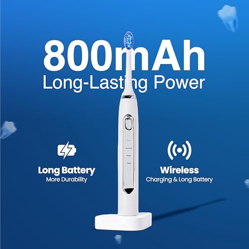 Soft Bristle Electric Toothbrush, Rechargeable with Wireless Charging by Puur Smile - 2 (Blue led) Brush Heads for Adults | 4 Cleaning Modes with Smart Timer, IPX7 Waterproof, Long-Lasting Battery