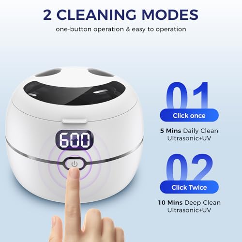 Ultrasonic Retainer Cleaner Machine for Dentures, Mouth Guards, Braces, Toothbrush Heads, Jewelry, 220ML Capacity Ultrasonic Cleaner with Digital Timer&UV, 2 Modes for All Dental Appliances，White