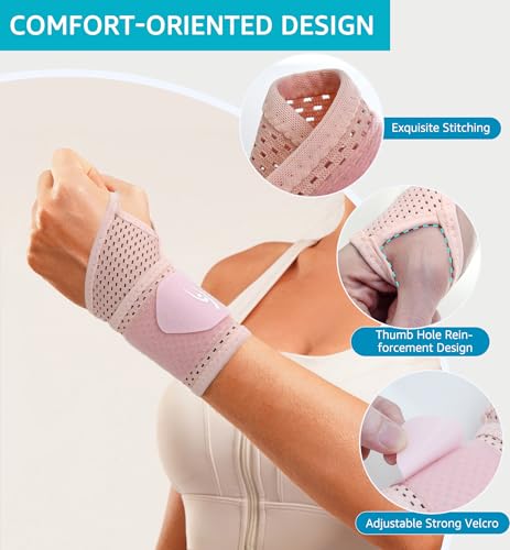 HiRui 2-Pack Ultra-Thin Mesh Wrist Wraps - Breathable, Adjustable Wrist Support for Workouts & Daily Use - Unisex Wrist Brace for Pain Relief, Tendonitis, Carpal Tunnel - One Size Fits All (Pink) Pink