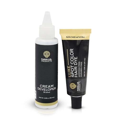 Parallel Products - Luxe Color (Medium Brown) - Cream Hair Dye - 25mL - Tint for Professional Spot Coloring - With Cream Developer, Mixing Dish and Application Brush - Covers Grey Hair - Root Touch Up Medium Brown