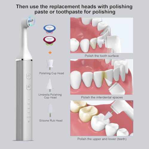 Tooth Polisher,Teeth Polishing Kit for Daily Cleaning,Polishing Then Whitening of Tooth (Professional Toothpaste Include),USB Rechargeable Dental Polisher with LED Light,6 Heads,5 Speed Modes White & Silver