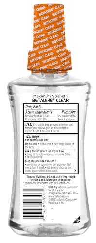 Betadine Clear First Aid Spray, Max Strength Pain Relieving Antiseptic Cleansing Spray, No Stinging, Kills 99.9% of Germs*, Helps Prevent Infections, 6 oz 6 Ounce Clear Spray