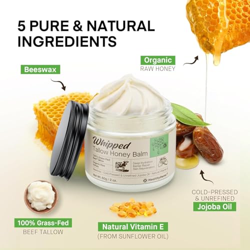 Beef Tallow Honey Balm for Skin: 100% Grass Fed Whipped Organic Moisturizer with Organic Raw Honey, Jojoba Oil, Vitamin E – Natural Face and Body Care for Mature, Dry or Sensitive Skin, 4oz 4 Ounce (Pack of 1)