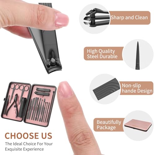 ZIZZON Nail Clippers Manicure Pedicure Set 18 in 1 Nail Grooming Kit with Leather Travel Case(Black/Pink)