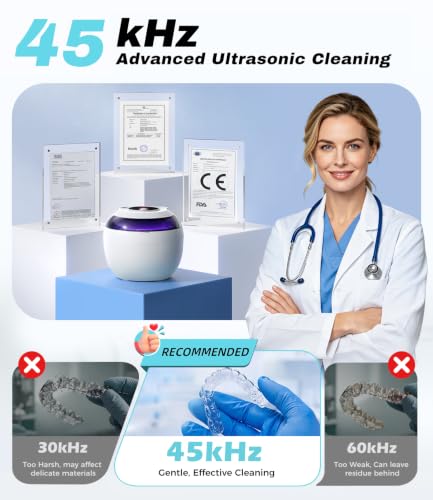 Ultrasonic Retainer Cleaner Machine, 45kHz Deep Gentle Dental Cleaning Pod with 304 Stainless Steel Tank, 4 Cleaning Modes for Aligners, Dentures, Mouth Guards, Night Guards, Toothbrush Heads White