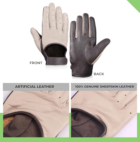 URBAN BUCK Men Winter Real Leather Bike Riding Stripe Perforation Touchscreen Lined Glove Harrison Beige Leather Gloves Medium