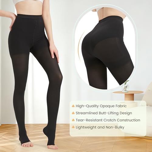 MGANG Medical Compression Pantyhose for Women & Men, 20-30mmHg Graduated Compression Support Tights, Open Toe, Opaque Waist High Compression Stockings for Edema, Varicose Veins, Flight, DVT, Black M 20-30mmhg Black Open-toe Medium