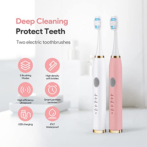Dnil 2-Pack Rechargeable Sonic Toothbrush for Adults, Long-Lasting Battery Operated, 35,000 VPM Fast Brushing, Includes 10 Brush Heads and 5 Mode Options for Personalized Oral Care (White & Pink)
