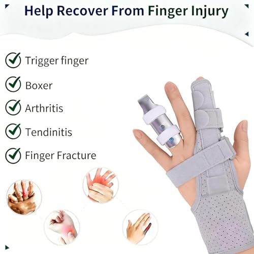 Adjustable Finger Splint with Metal Splint, Trigger Finger Brace Support for Index, Middle, Ring and Pinky Finger, Joint Stabilizer for Broken Finger and Postoperative Recovery