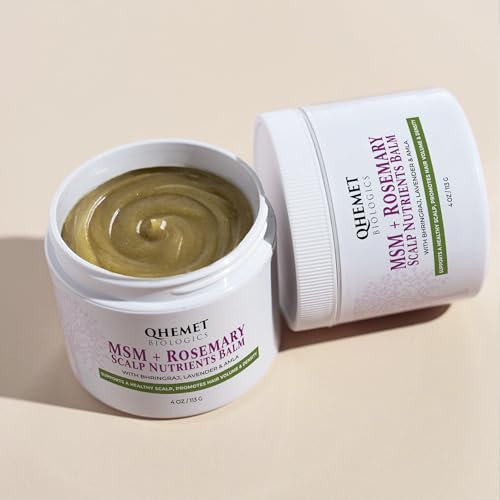 Qhemet Biologics MSM + Rosemary Scalp Nutrients Balm | Food for Hair Growth | MSM, Rosemary, Bhringraj, Castor Oil & Coconut Oil | For Dry Scalp, Thinning & Slow Growth | Vegan (4 oz)
