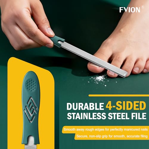 FVION Toenail File for Thick Nails and Toenail Lifter, 2pcs Stainless Steel Nail File and Ingrown Relief Set, Heavy Duty Metal Emery Board for Seniors, Men & Women Pedicure Tool (Green) Green Handle