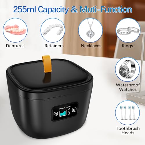 Retainer Cleaner Machine - Raccomb 45kHz LED Light Cleaner for Dentures, Aligner, Mouth Guard, Night Guard Cleaner, 255mL Sonic Cleaning Machine for Jewelry, Dental Appliances