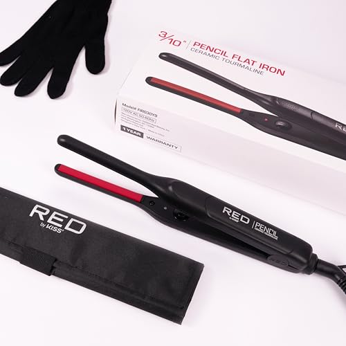 Red by Kiss Pencil Flat Iron, 0.3 Inch Tourmaline Ceramic Mini Hair Straightener, Up to 450°F for Short to Medium Hair, Pixie Cuts, Bangs & Edges, Includes Travel Pouch & Heat-Resistant Glove