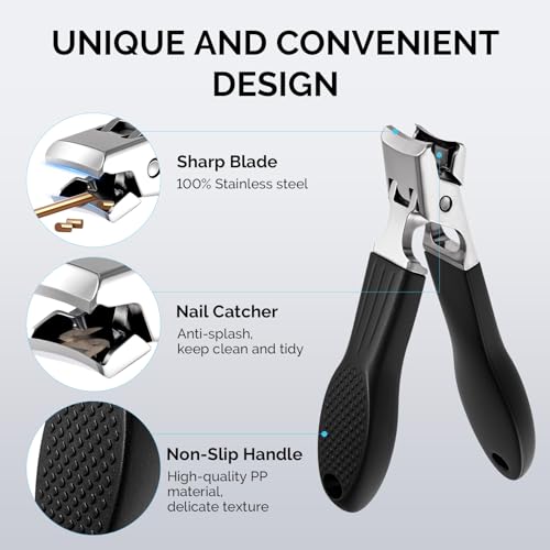 MelodySusie Wide Jaw Opening Nail Clippers Set, 2 pcs Toenail Clippers for Seniors Thick Nails, Anti-Splash Curved and Slanted Nail Clippers for Men Women, Fingernail Cutter with Catcher, Black 2pcs Nail Clippers