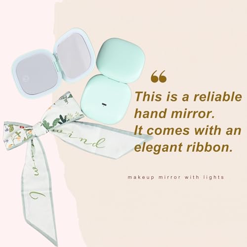 Makeup Mirror with Lights - Dual-Sided Green LED Pocket Mirror, 1X/5X Magnifying Travel Mirror, 3 Light Modes, Rechargeable Handheld Mirror for On-The-Go Makeup, Grooming, and Gifts