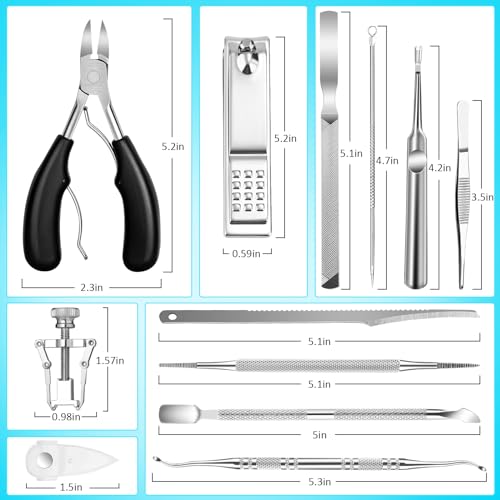 Modacraft 11-Piece Toenail Care Kit - Effective Ingrown Toenail Treatment with Toenail Clippers for Thick Toenails, Corrector & Other Pedicure Tools for Feet and Hand 11Pcs/set Ingrown Toenail Tools Kit