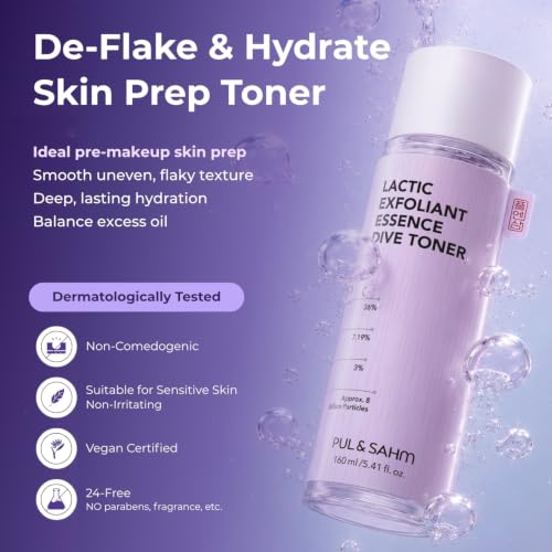 PUL & SAHM De-Flake & Hydrate Skin Prep Toner, Lactic Exfoliant, Gentle AHA Resurfacing for Smooth, Refined Skin Texture & Barrier Comfort, Dermatologist Tested, Non-Comedogenic, 24-Free