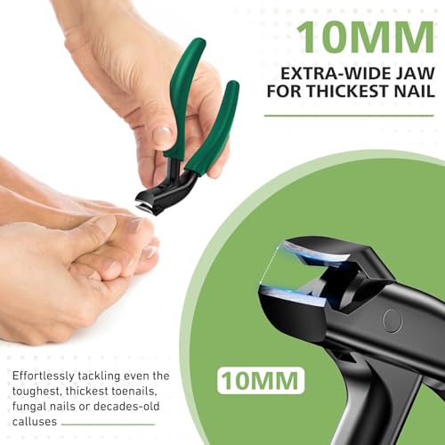 BALUCA Curved Head Toenail Clippers for Seniors for Thick Toenails, Long Handle Toe Nail Clippers with Catcher, German Stainless Steel Angled Nail Clippers with Silicone-Grip - Green