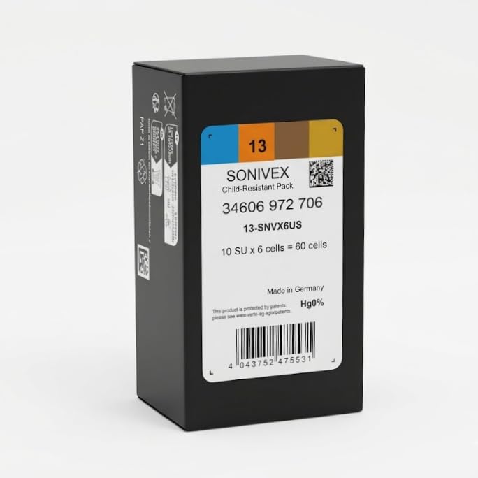 SONIVEX® Hearing Aid Batteries Size 13, PR48, Zinc-Air, Mercury Free, Made in Germany, 60 Count (10 Packs of 6) Size 13 Hearing Aid Batteries