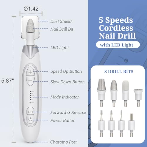 PELCAS Electric Nail File, Manicure and Pedicure Kit 5 Speeds & LED Light Silver