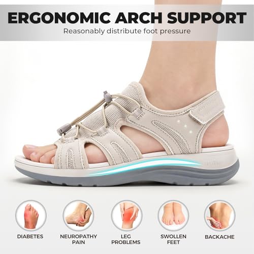 FitVille Women's Orthopedic Wide Sandals with Arch Support Breathable Adjustable Strap Comfortable Walking Sandals For Plantar Fasciitis, Swollen Feet 7 Wide Beige