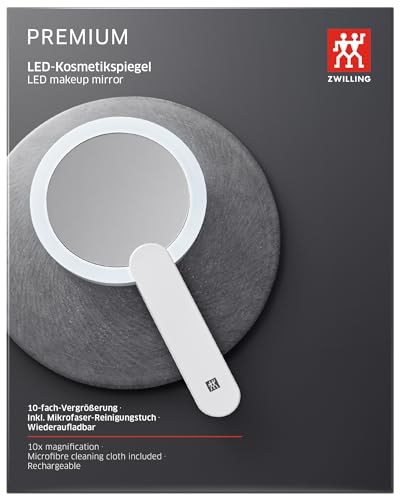ZWILLING Makeup Mirror (10X Magnification, LED Rechargeable, 360 Degree Rotating Handle, Daylight White), Premium, White