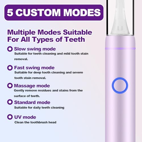 Metal Electric Toothbrush with UV Mode，Vibration and Oscillation Electric Toothbrush for Adults and Teen，6 Brush Heads & Travel Case & Dust Cover, 5 Modes & Timer, One Charge Last 120 Day（Pink）