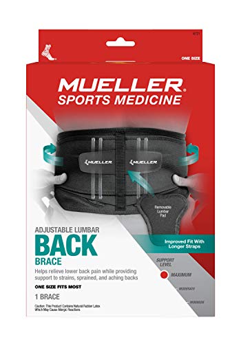 MUELLER Sports Medicine Adjustable Lumbar Back Brace, Lower Back Pain Relief and Support Belt for Men and Women, Black, One Size Fits Most