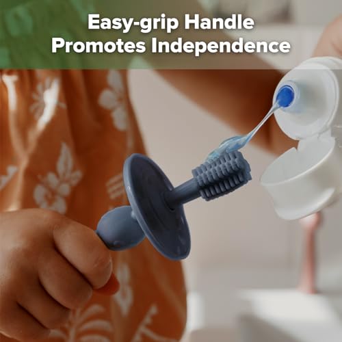 haakaa 360° Baby Toothbrush with Suction Base - Food-Grade Silicone, Adjustable Safety Shield - Blue+Steel Blue (2 PCS)