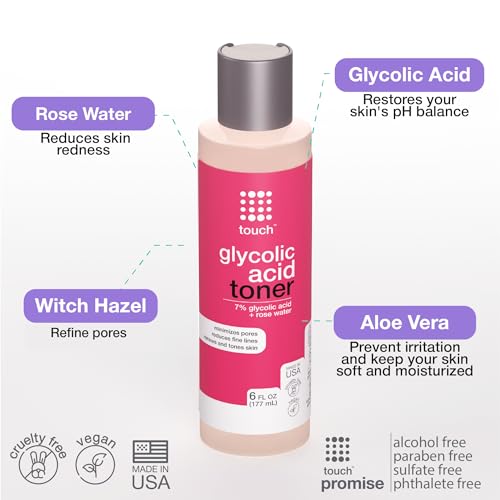 TOUCH Glycolic Acid Toner with Rose Water & Witch Hazel, 6 oz